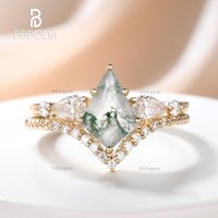 BBBGEM Ensemble de Bagues en Agate Verte Géométrique en Or Blanc — Anneaux empilables