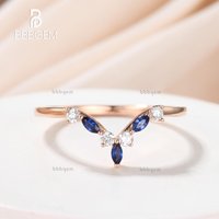 Bague de Mariage V Forme en Or Rose avec Diamants et Saphirs