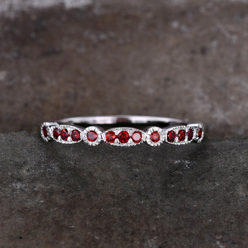 White Gold Garnet Wedding Band Half Eternity Garnet Matching Stacking Ring — Wedding Jewelry
