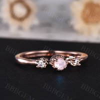 Dainty 3mm Round Cut Rose Quartz Engagement Ring Diamond Wedding Band