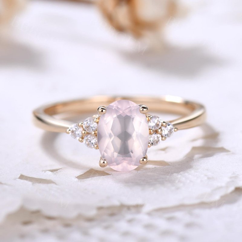 Dainty Rose Gold Rose Quartz Engagement Ring Diamond Ring Plain Gold Band — Engagement Rings
