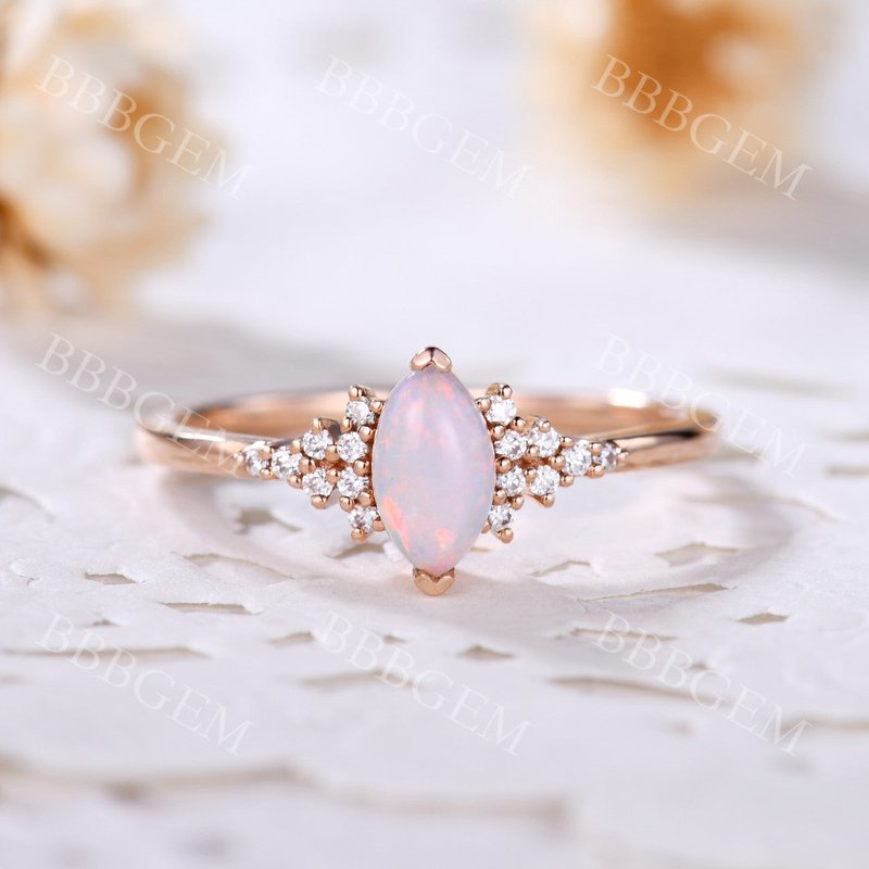 Dainty 1CT Marquise Shaped White Opal Engagement Ring in Rose Gold — Engagement Rings