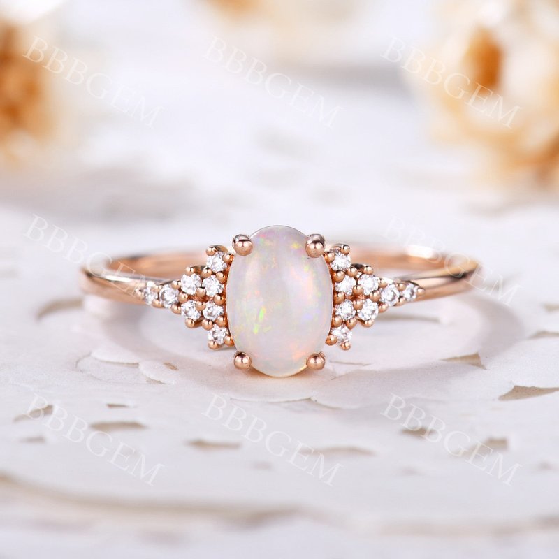 Art Deco Oval Cut Opal Engagement Ring Cluster Diamond Ring Rose Gold — Engagement Rings