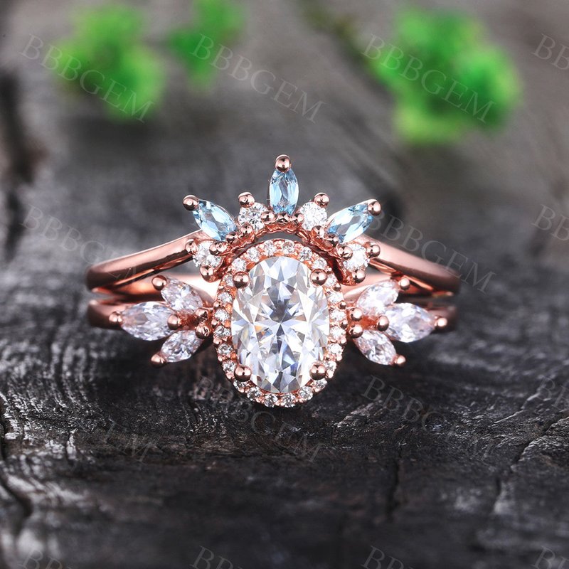 Vintage Oval Cut Moissanite Engagement Ring Set Blue Topaz Wedding Ring — Engagement Rings