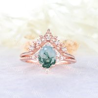 Oval Cut Moss Agate Engagement Ring 1.5CT Rose Gold Diamonds Matching Band
