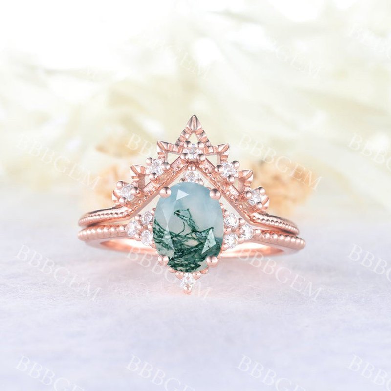 Oval Cut Moss Agate Engagement Ring 1.5CT Rose Gold Diamonds Matching Band — Engagement Rings