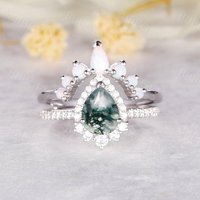 1.25CT Pear Cut Moss Agate Engagement Ring Set Opal Matching Band — Engagement Rings
