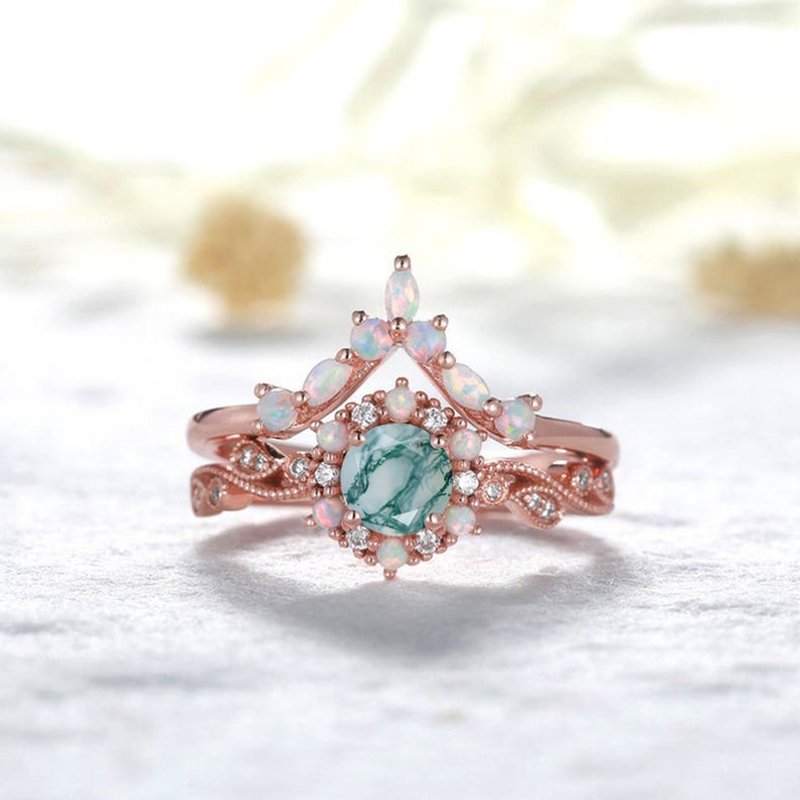 Rose Gold Moss Agate Ring Set Diamond Wedding Ring opal Bridal set — Wedding Jewelry