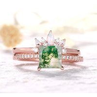 Princess cut Moss Agate Diamond Bridal Ring Set Opal Diamond Wedding Set — Wedding Jewelry