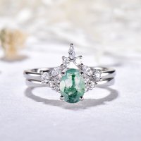 Ensemble de Mariage en Or Blanc avec Anneau en Agate Mousse et Diamant