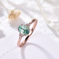 Bague de Mariage en Or Rose avec Agate Mousse Naturelle Ovale — Bijoux de mariage