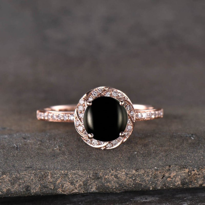Natural Black Onyx Diamond Halo Wedding Ring Women Ring — Wedding Jewelry
