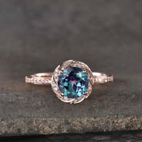 Bague de Fiançailles Halo en Alexandrite et Diamant en Or Rose