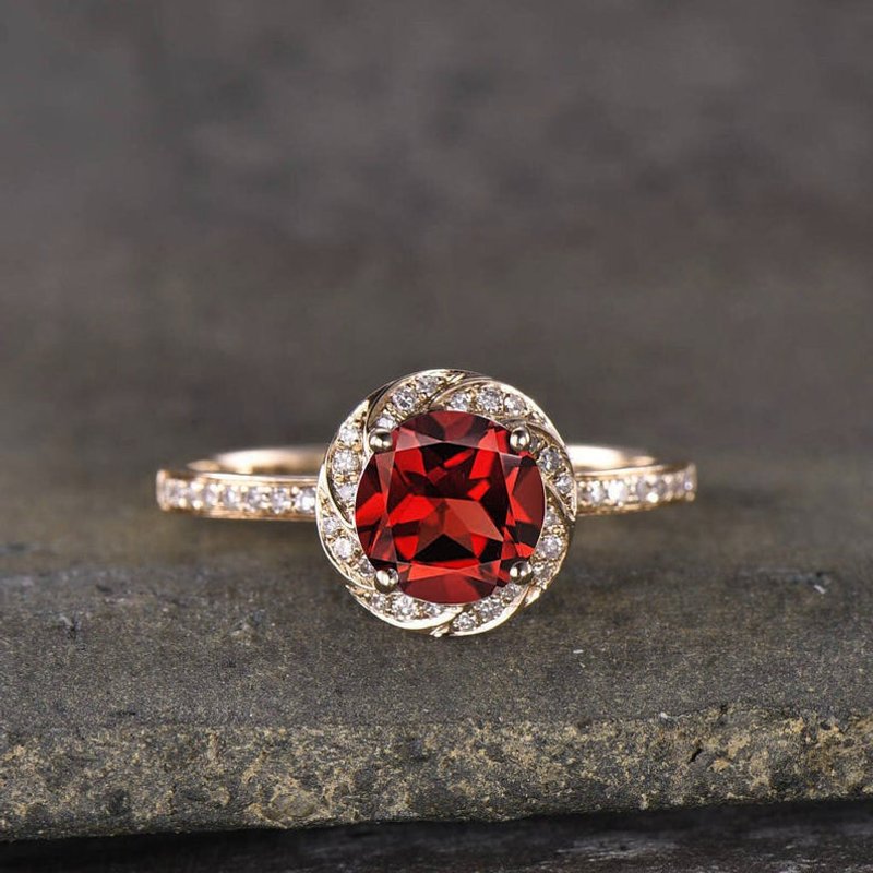 Lab Ruby Bridal Ring Diamond Rose Gold Wedding Ring Halo — Wedding Jewelry