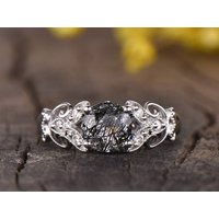 Bague de fiançailles en quartz rutile noir avec diamants en or blanc