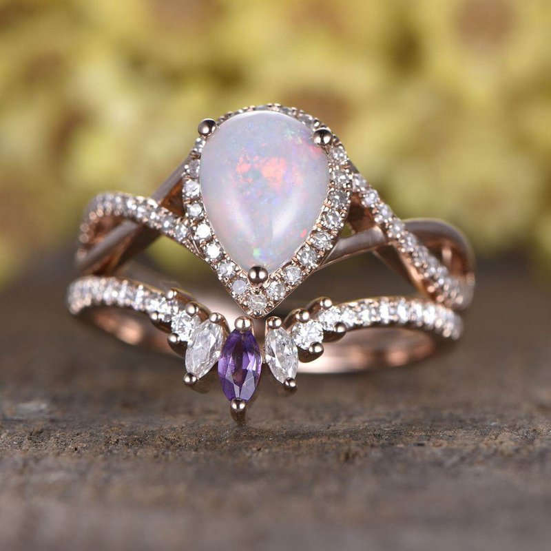 Natural Pear Opal Wedding Ring Set Marquise Amethyst Opal Ring — Wedding Jewelry