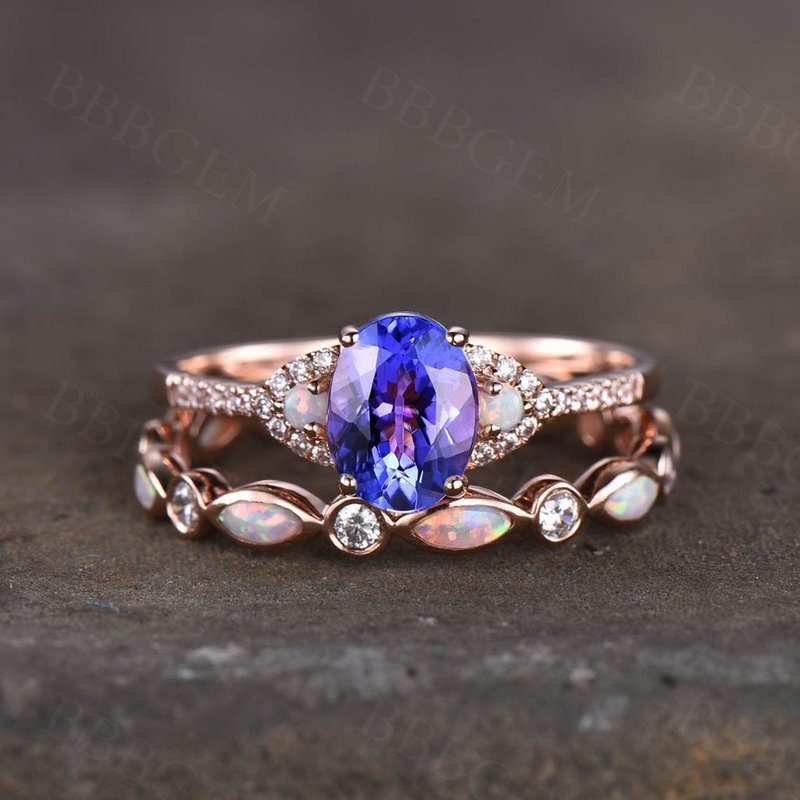 Wedding Ring Set Tanzanite engagement ring set art deco opal matching band — Engagement Rings