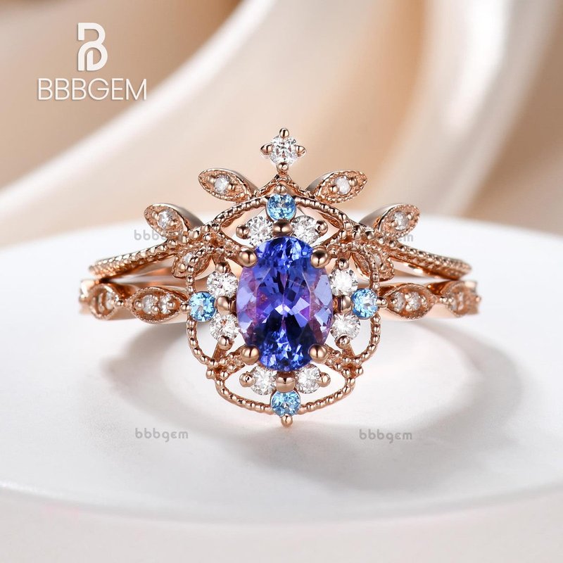Rose gold tanzanite engagement ring art deco diamond wedding ring set — Engagement Rings