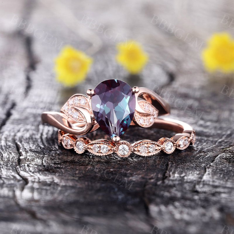 Alexandrite Engagement Ring Rose Gold Set Art Deco Diamond Wedding Band — Engagement Rings