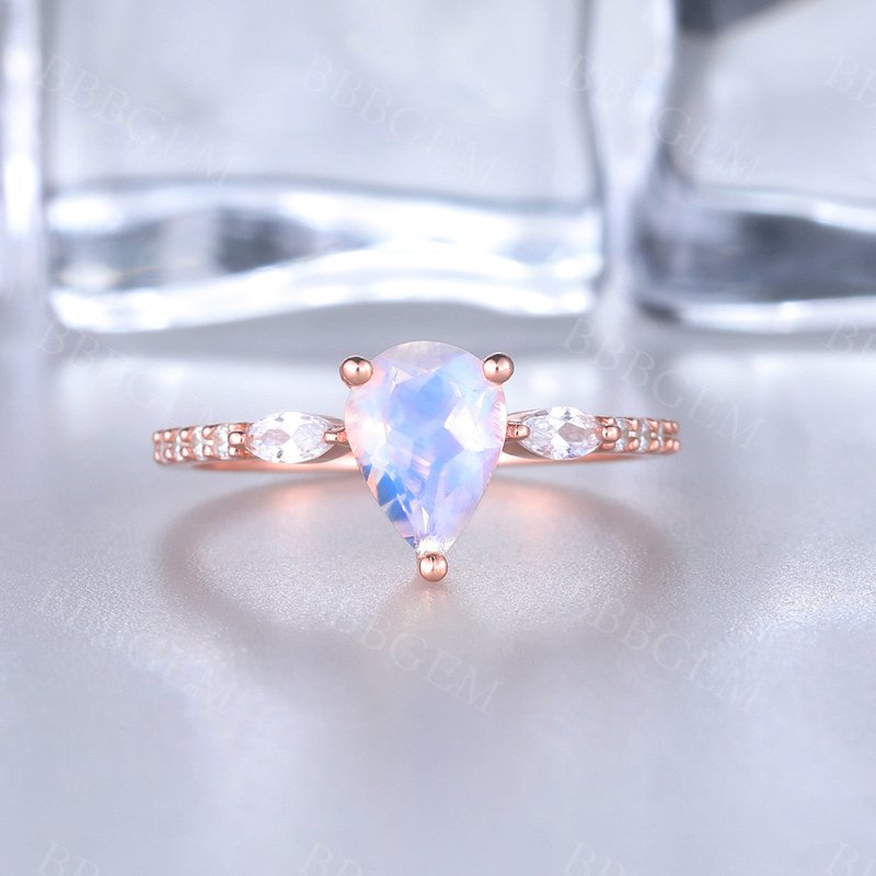 Art Deco Moonstone Engagement Ring Rose Gold Wedding Ring Gift For Her — Engagement Rings