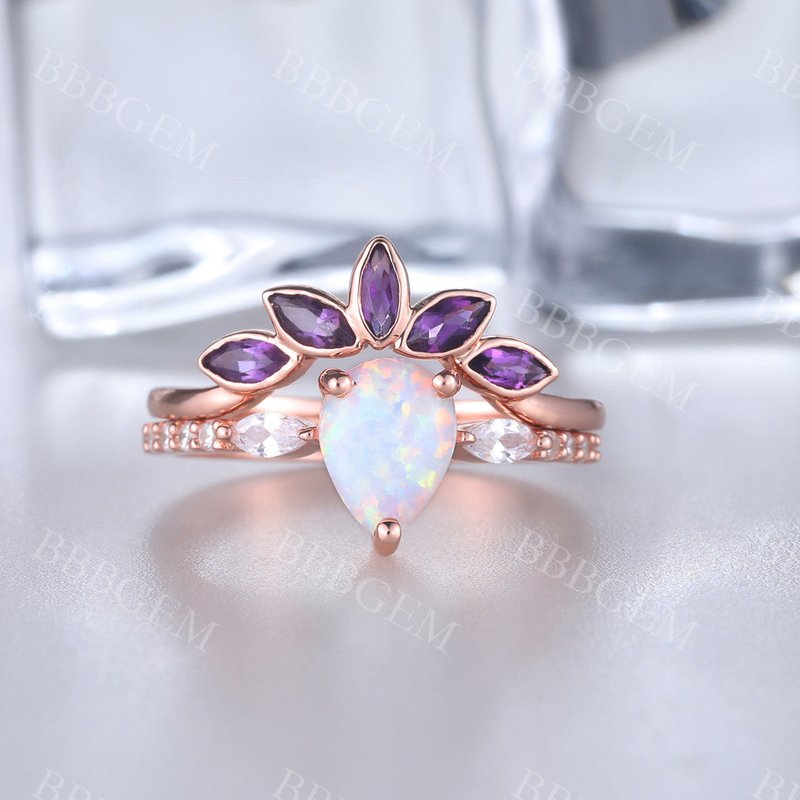Ensemble de Bagues Empilables en Opale et Améthyste en Or Rose 14k — Anneaux empilables