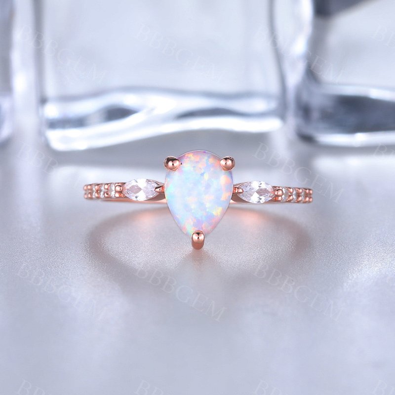 Pear Cut White Fire Opal Ring Vintage Engagement Ring Art Deco Style — Engagement Rings