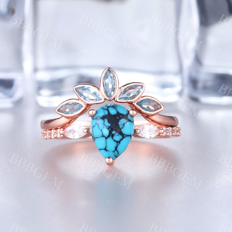 Turquoise Engagement Ring Rose Gold Wedding Ring Set Diamond Bridal Set — Engagement Rings