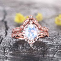 Diamond Halo Moonstone Engagement Ring Set Women Rose Gold Promise Ring