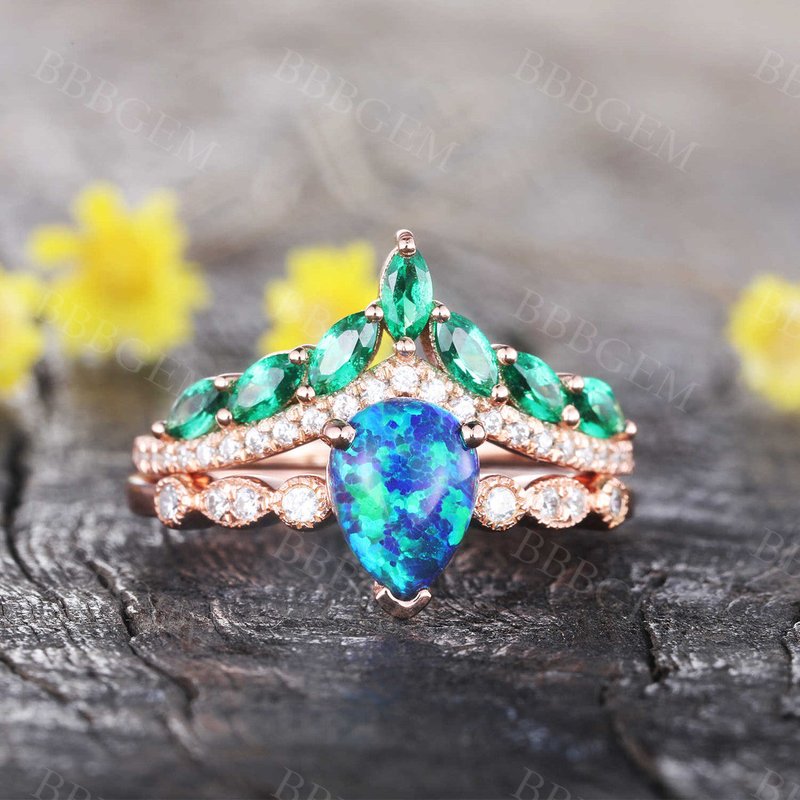 Pear Cut Black Opal Engagement Ring Diamond Crown Chervon Eternity Band Set — Engagement Rings