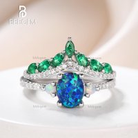 Black Opal Engagement Ring Set Emerald Diamond Wedding Ring — Engagement Rings