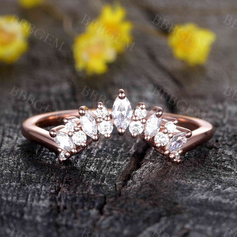 Art Deco Moissanite Wedding Band Marquise Moissanite Ring Stacking Band — Wedding Jewelry