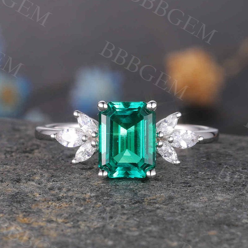Emerald Cut Emerald Ring 14k White Gold Wedding Ring Diamond Promise Ring — Wedding Jewelry