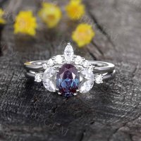 5x7mm Alexandrite Engagement Ring Set Moissanite Pave Chevron Bridal Set