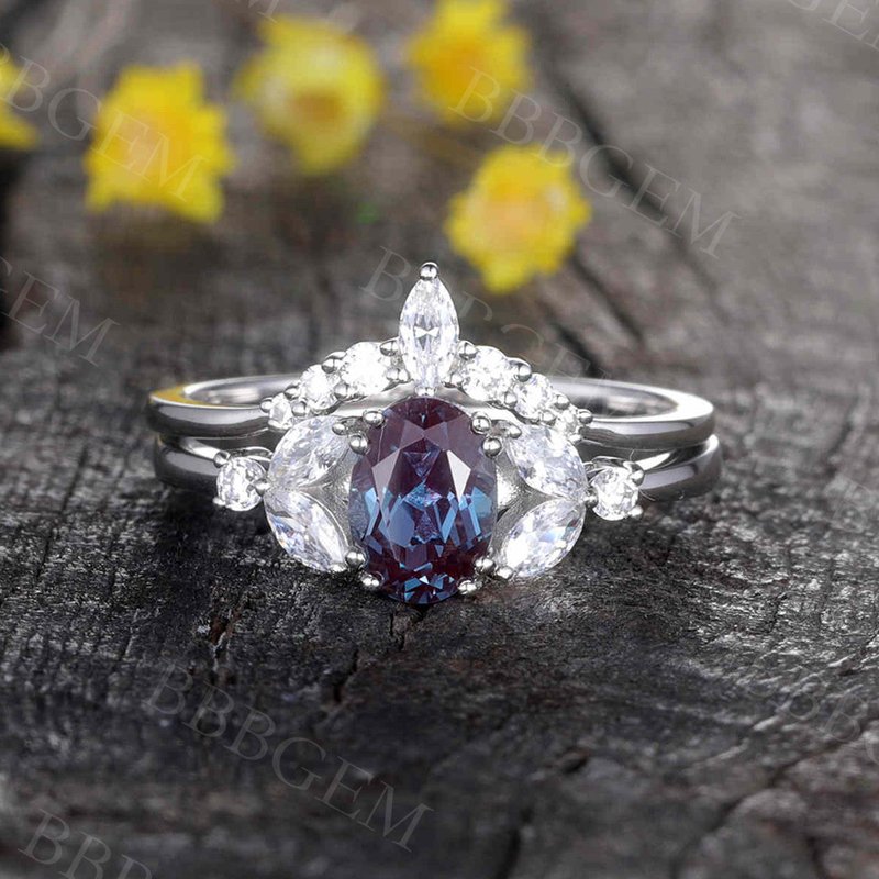 5x7mm Alexandrite Engagement Ring Set Moissanite Pave Chevron Bridal Set — Engagement Rings