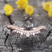Unqiue Art Deco Black Rutilated Quartz Pear Shaped 7X5mm Engagement Rings