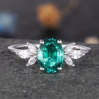 Oval Cut Emerald Engagement Ring Moissanite Cluster Diamond Ring — Engagement Rings