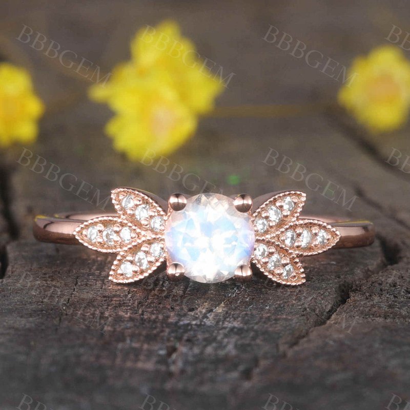 Rainbow Mooonstone Diamond Engagement Ring Rose Gold Unique Bridal Ring — Engagement Rings