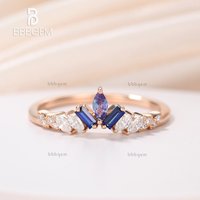Bague de Mariage Art Déco en Alexandrite et Saphir Baguette