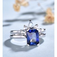 Ensemble de Bagues de Fiançailles Émeraude Saphir Bleu Solitaire 2pcs