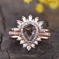 3pcs Pear Shaped Unique Black Rutilated Quartz Engagement Ring Set — Engagement Rings