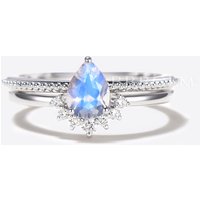 Bague de Fiançailles en Pierre de Lune et Diamant en Forme de Poire