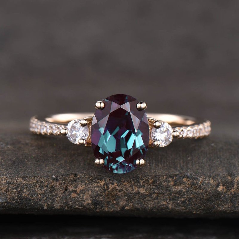 Three Stone Color Changed Lab Oval Alexandrite Engagement Ring — Engagement Rings