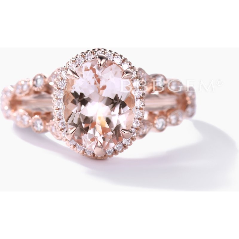 Split Shank Oval Morganite Diamond Halo Engagement Ring Unique — Engagement Rings