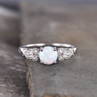 Milgrain White Opal Engagement Ring White Gold Leaf Diamond — Engagement Rings