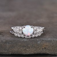 Floral White Opal Engagement Ring Set 14k/18k White Gold Leaf Diamond — Engagement Rings