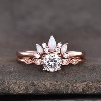 Ensemble de Bague de Fiançailles en Moissanite Art Déco avec Opale et Diamants