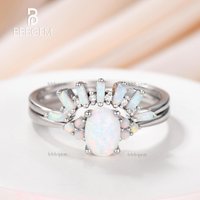 Art Deco Opal Engagement Ring Set Cluster Opal Wedding Set — Engagement Rings