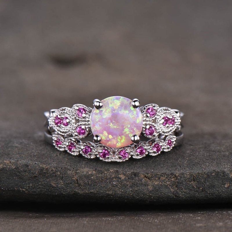 Floral Pink Fire Opal Engagement Ring Set 14k/18k White Gold — Engagement Rings
