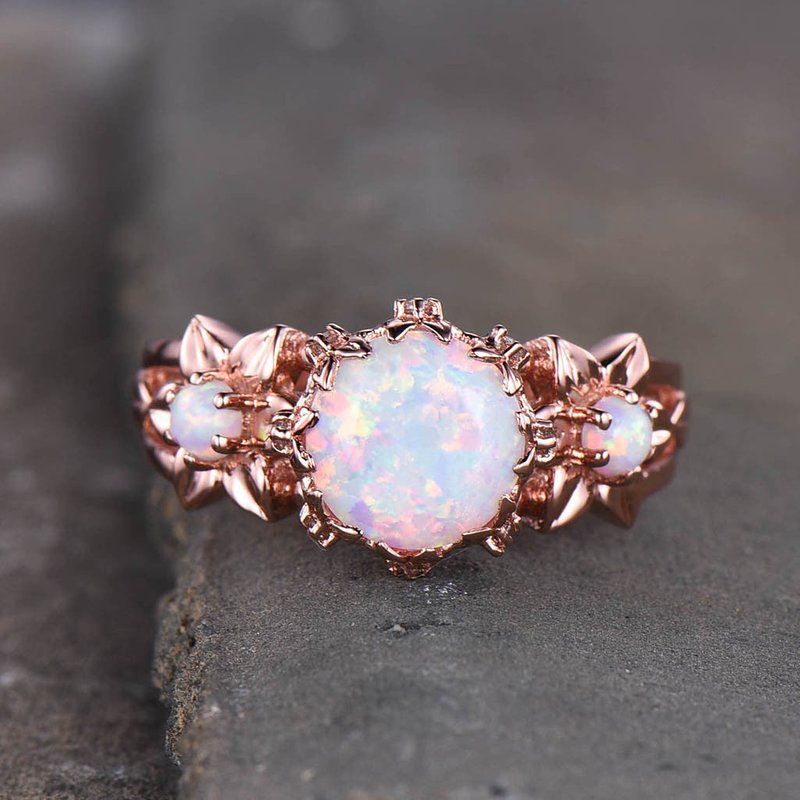 Unique Australian Opal Engagement Ring Three Stone Floral Bridal — Engagement Rings