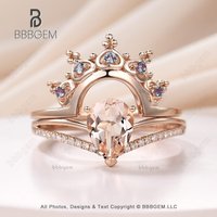 Ensemble de Bague de Fiançailles en Morganite avec Bande en Alexandrite en Or Rose